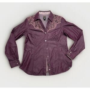 Noble Outfitters Women Size M Button Down Lace Blouse Wine Western Rodeo Cowgirl